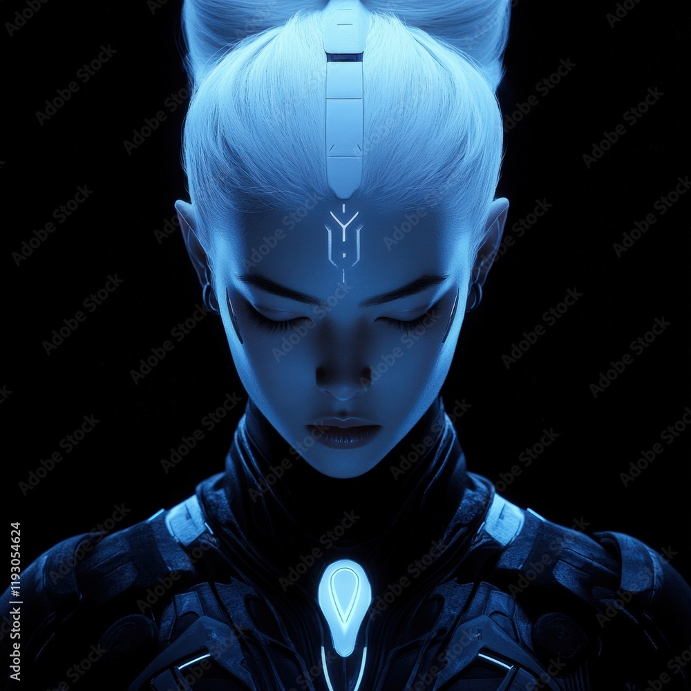 Poster futuristic character in a digital landscape with glowing elements and soft lighting
