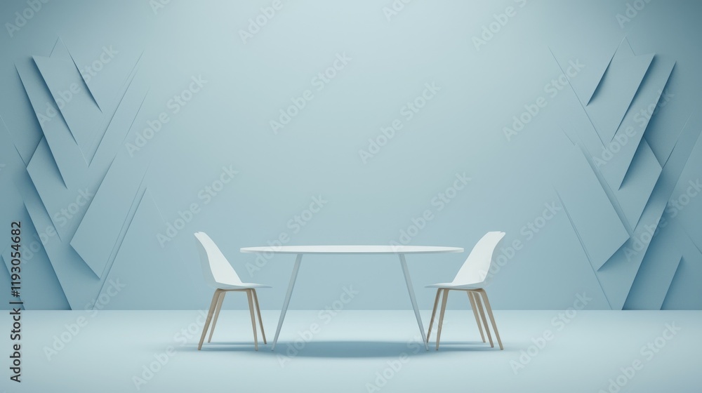 Poster minimalist setting with a round table and two chairs against a textured blue backdrop.