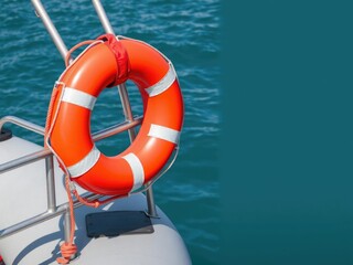 A bright red life buoy is securely attached to the railing of a raft rescuer item, ready for emergency situations, raft, safety