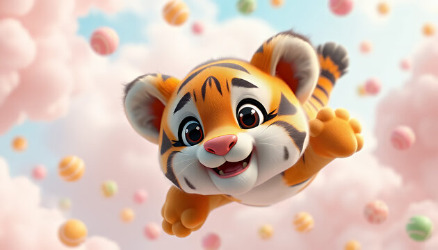 Adorable 3D Cartoon Tiger Cub Joyfully Flying Through Sweet Gumm