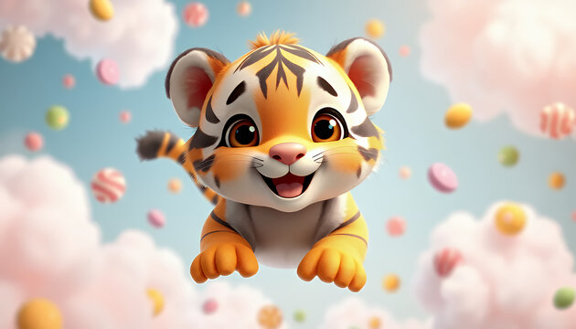 Adorable 3D Cartoon Tiger Cub Joyfully Flying Through Sweet Gumm