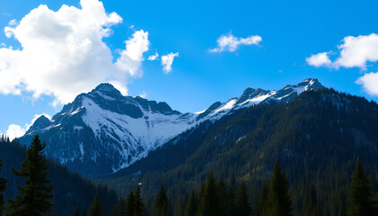 Obraz premium A rugged mountain with snow-capped peaks by dense pine forests 2
