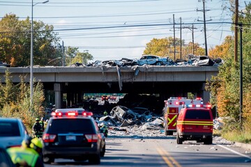 Fototapeta premium Major highway collapse leads to emergency response and traffic chaos in an urban setting