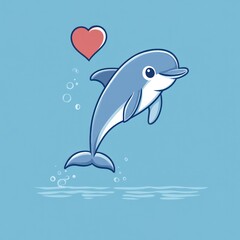 Obraz premium Happy dolphin leaping, ocean background, love heart, kids illustration