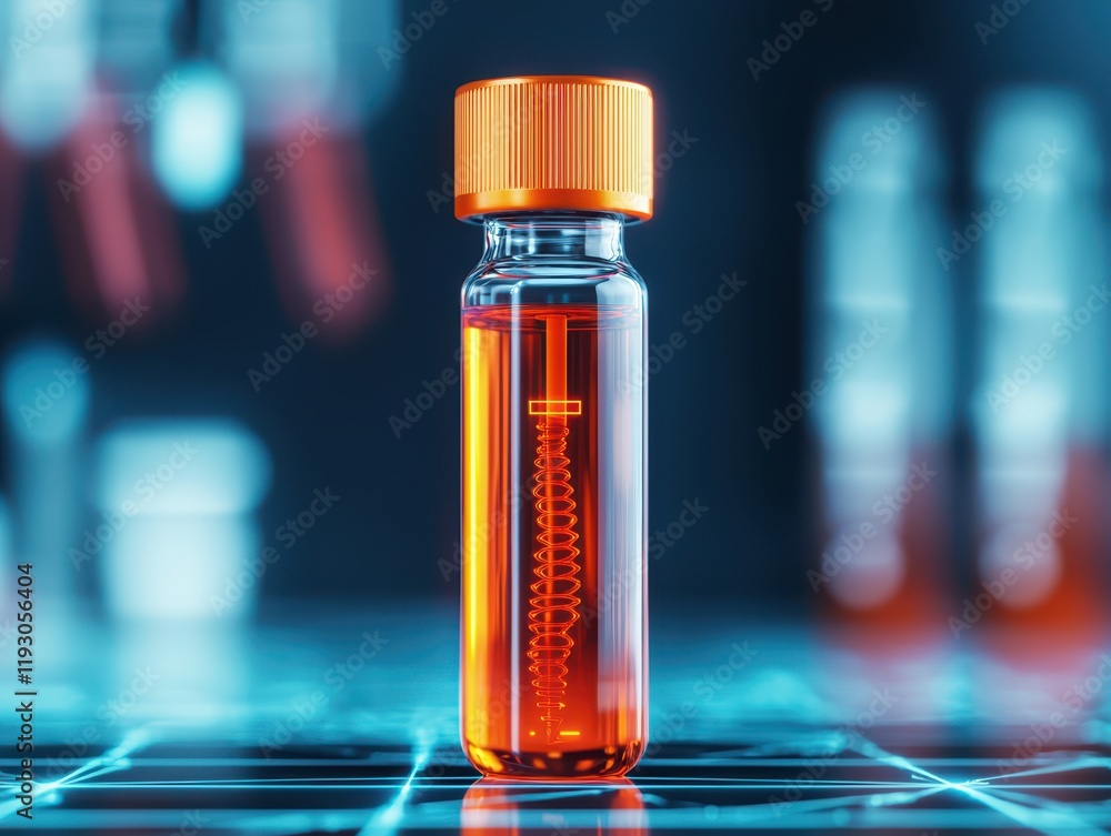 Poster dna analysis investigation in forensic technology concept. glass vial with orange liquid on laborato