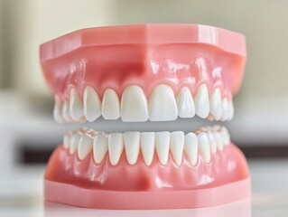Obraz premium A close-up view of a dental model showcasing realistic teeth and gums, ideal for dental education and demonstration purposes.