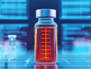 DNA analysis investigation in forensic technology Concept. Glass vial filled with orange liquid on a futuristic digital background with data and technology elements