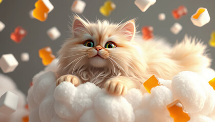 Adorable Fluffy Kitten Amidst Falling Candy and Clouds: Whimsica