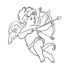 Little angel Cupid with a bow and arrow vector silhouette on a white background