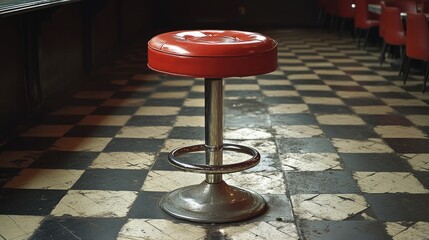 Retro diner stool stands alone on checkered floor, evoking nosta