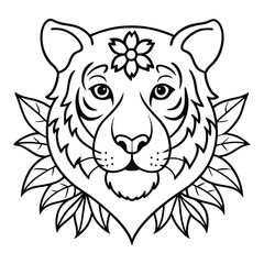 tiger head line art design with leaves and flower, floral tiger head coloring page, vector illustration on white background
