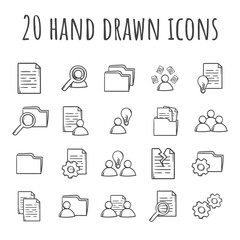 Set of black and white simple icons of management, office work, documents, team, training and work. Vector flat signs and symbols for the design of a website, application. Hand drawn design elements