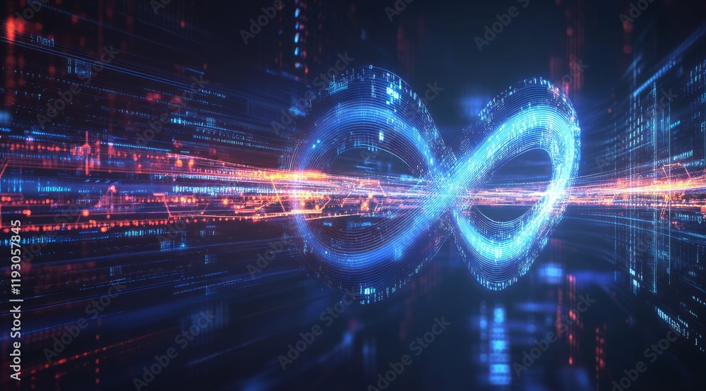 Poster a dynamic digital background featuring an infinity symbol with flowing lines of light