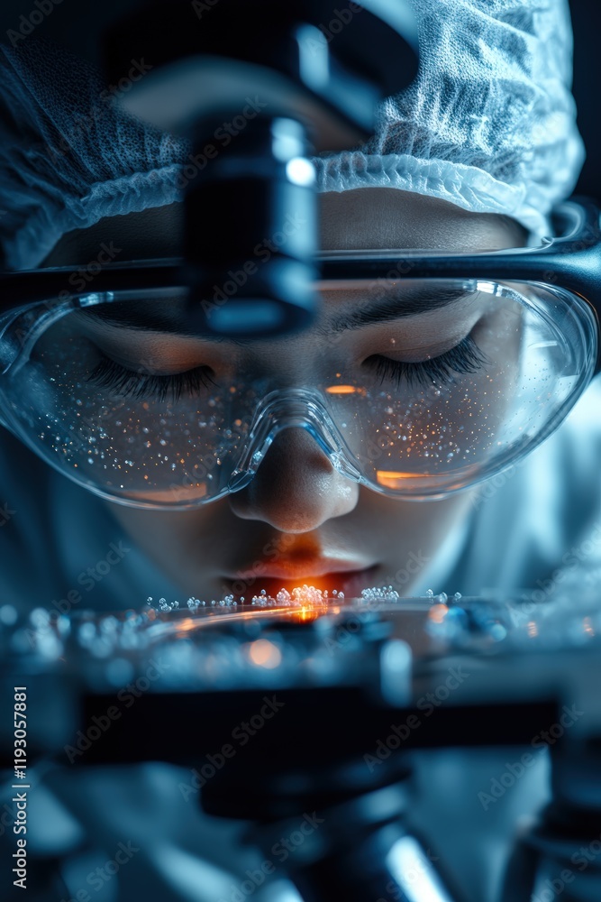 Aufkleber close-up of a scientist examining a glowing substance under a microscope in a lab