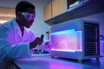Scientist conducting research with a colorful light device in a laboratory setting during evening hours