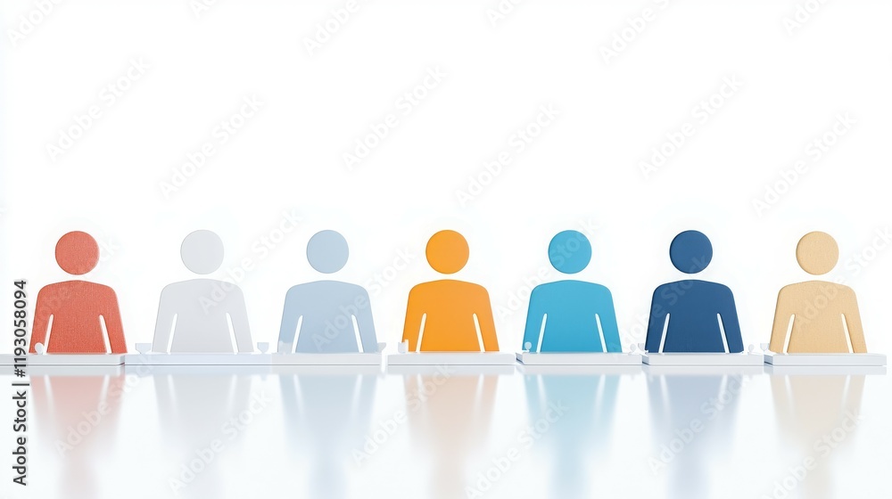 Poster a row of simplistic figures representing a meeting or discussion setting.