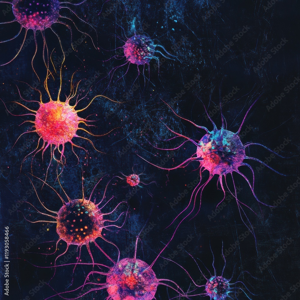 Fototapete magnified view of colorful viruses showcasing intricate structures in a vibrant scientific illustrat