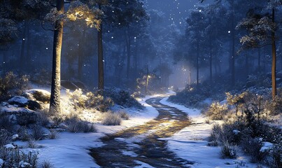 Snowy path winding through a magical winter forest at night