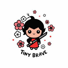 Sticker design of A tiny chibi samurai in a dynamic pose with a mini katana and cherry blossoms swirling around