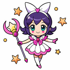 Sticker design of A chibi magical girl holding a star-shaped wand