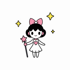 Sticker design of A chibi magical girl holding a star-shaped wand, with oversized ribbons and a sparkling aura.