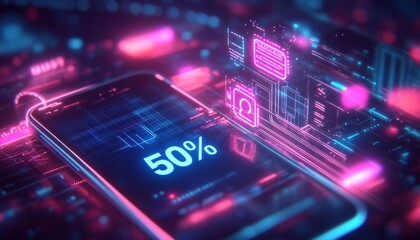  a concept of marketing. a text message pops out of a phone with the writing 50%