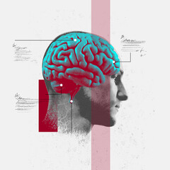 Artistic depiction of human brain in blue and red hues with scientific annotations. Neural activity...