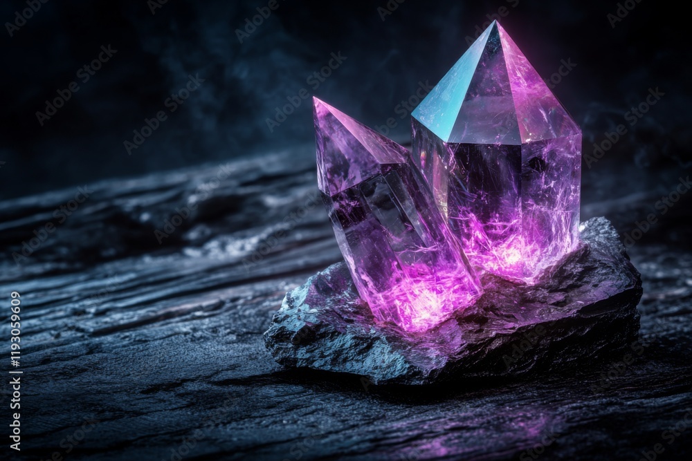 Poster A hyper-realistic image of a single fluorescent gemstone glowing vividly under a UV light, with every detail of its internal patterns illuminated in sharp isolation