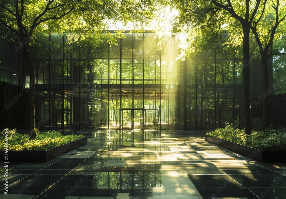 Poster stunning modern architectural design surrounded by lush greenery with sunlight filtering through tre
