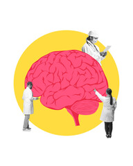 Group of doctors analyzing brain illustration, representing medical research and diagnosis of brain...
