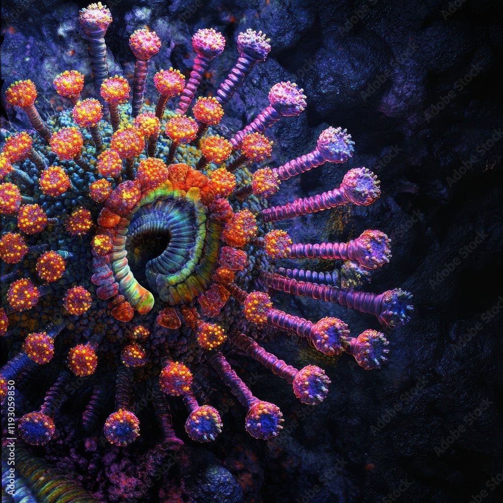 Poster colorful magnified viruses displayed in a scientific format capturing their intricate structures and