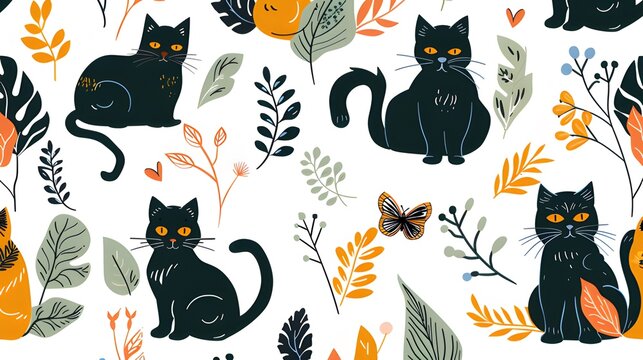 Seamless Pattern with Pastel Orange Cat Blending into Black Cats and Green Leaves in Flat Vector Style. Design Incorporates Cool Beige and Dark Navy Blue Tones, Using Digital Illustration Technique on