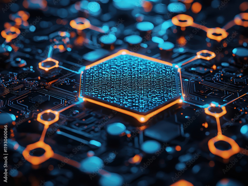 Poster close-up of a glowing graphene chip on a circuit board showcasing intricate patterns in vibrant blue
