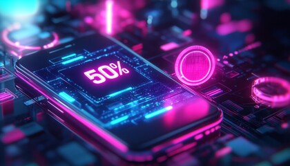  a concept of marketing. a text message pops out of a phone with the writing 50%