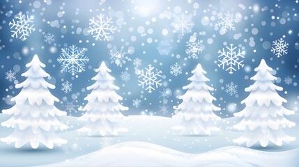 Obraz premium White Christmas Trees Against a Background of Falling Snowflakes: Vector Illustration in Light Blue Color, Winter Landscape with Christmas Atmosphere. Simple and Flat Design, High Resolution, High Det