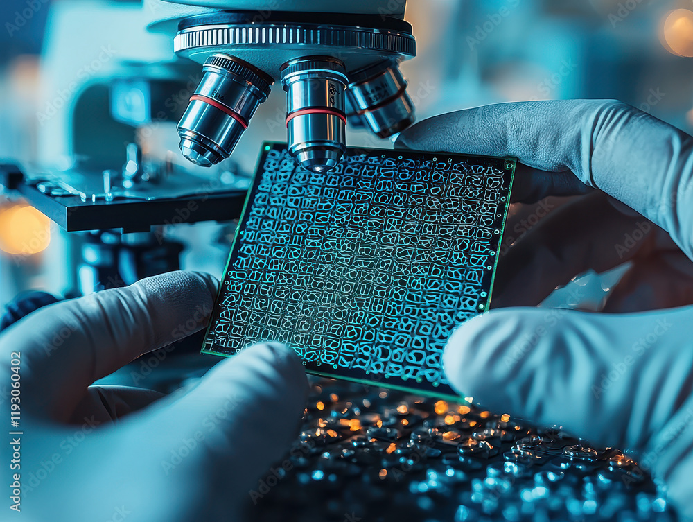 Poster graphene chip being carefully placed under a microscope in a high-tech laboratory setting with advan