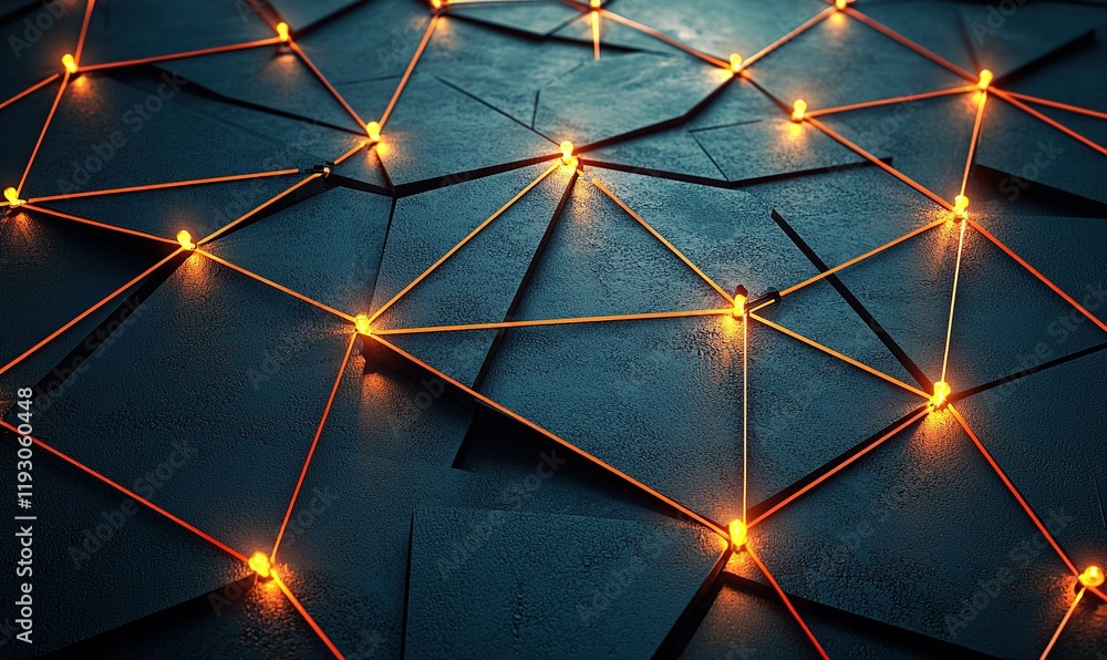 Poster abstract dark geometric surface with glowing interconnected lines, ideal for tech or sci-fi backgrou