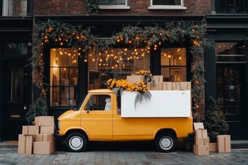 A delivery van parked in front of a charming small business, with a person unloading boxes