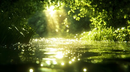 Obraz premium Abstract blurred bokeh of sunlight reflecting off water, creating sparkling summer vibes.