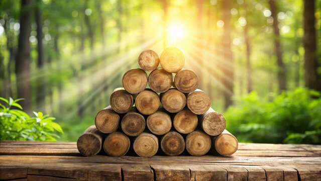 Wooden logs arranged in a pyramid shape on a rustic wooden surface, set against a sunlit forest backdrop