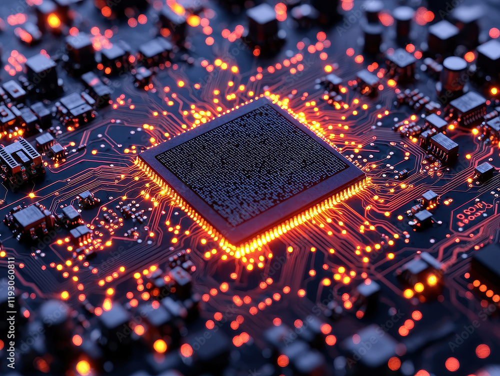 Poster graphene chip at the center of advanced nanotechnology components with intricate micro-circuit desig