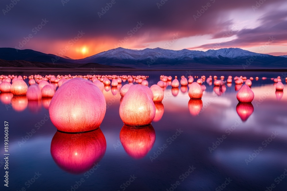 Poster A magical depiction of glowing flamingos on the Uyuni flats, surrounded by floating orbs of light and an ethereal aurora in the night sky