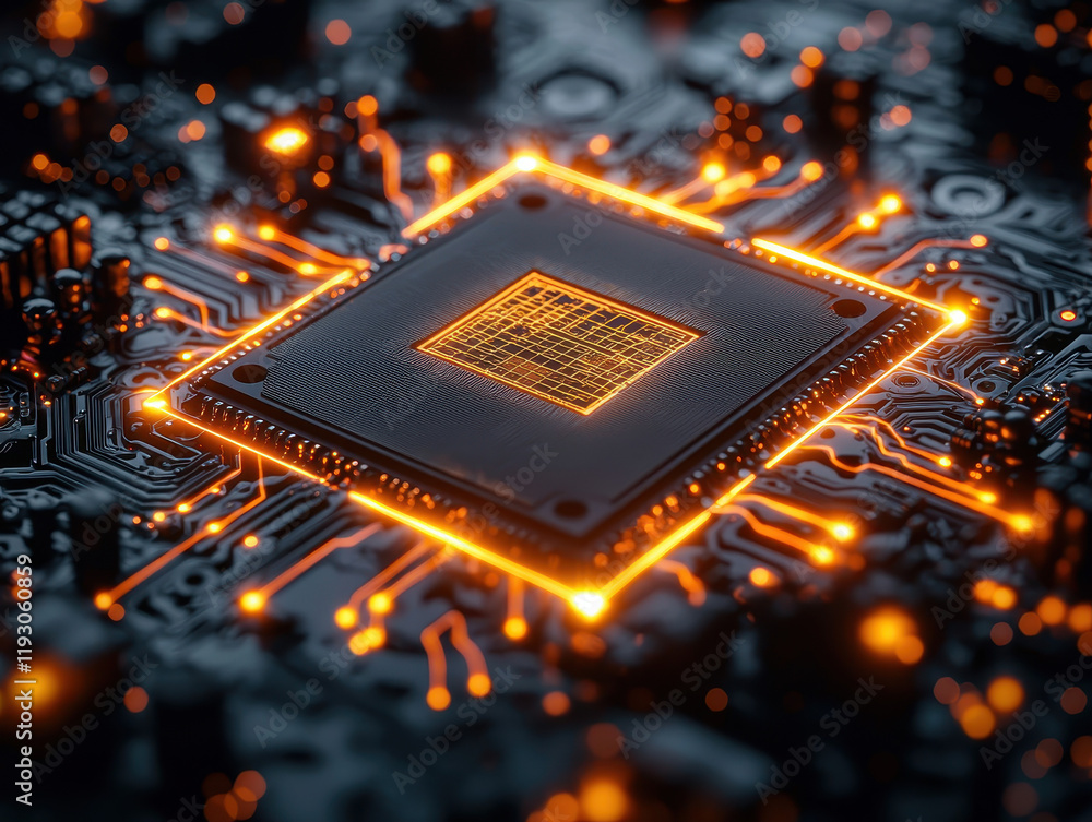 Poster graphene chip illuminated with neon light showcasing intricate nanotechnology and micro-circuit desi