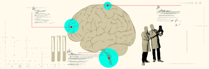 Stylized beige brain illustration with blue data points and scientific sketches, representing research on brain disorder. Conceptual design. Concept of medicine, health care, treatment