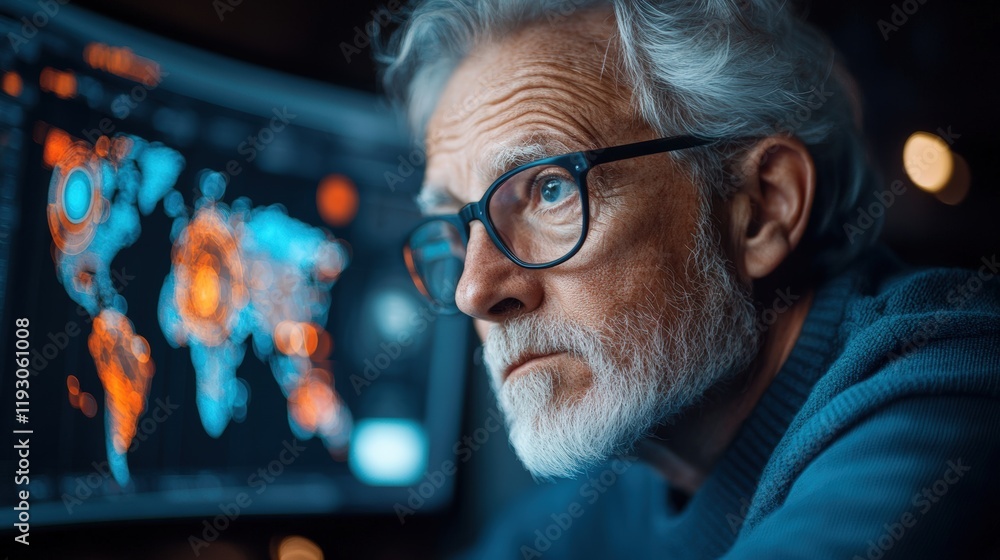 Poster senior analyst engaging with global data visualizations in a dimly lit office environment