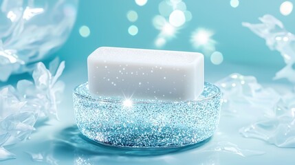 Sparkle and hygiene in bathroom concept. White soap bar on a sparkling blue dish with decorative elements