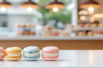Fototapeta premium Traditional cultural concepts of food techniques. Colorful Macarons on a Table with Bakery Background in a Cozy Café Setting for Culinary and Food Photography