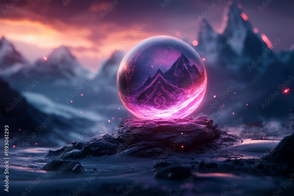 Aufkleber A magical glowing orb floating in isolation under UV light, with intricate runes and ethereal neon patterns swirling around it in a dark mystical setting