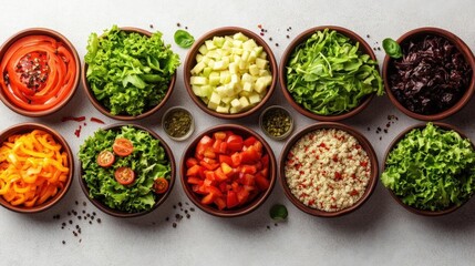 Vibrant assortment of fresh vegetables and grains in bowls, ready for a healthy meal preparation