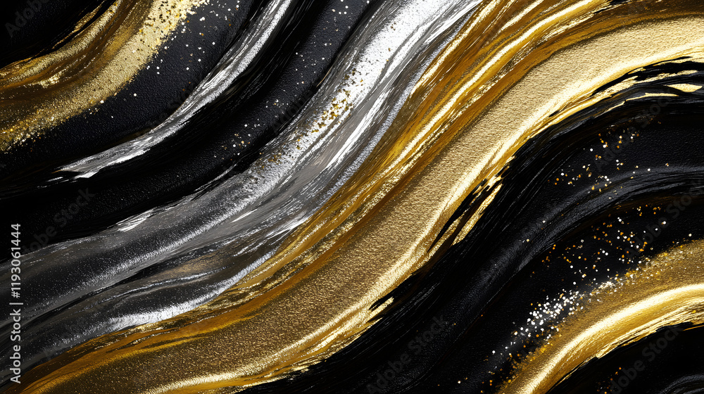 Poster a textured abstract background with metallic gold and silver brushstrokes layered over deep black, a